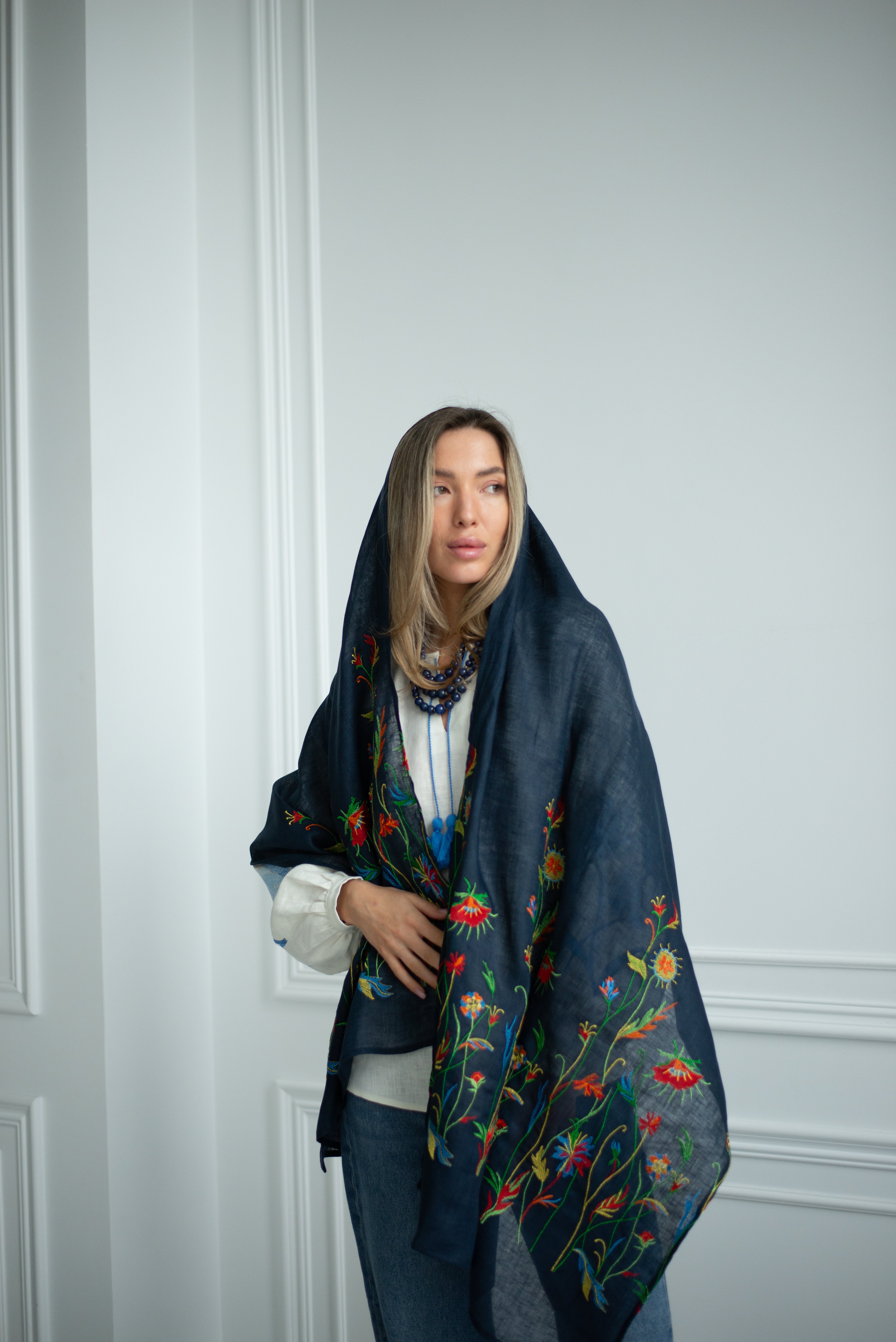 Blue shawl Traditional Ukrainian Embroidered Boho Chic Shawl Floral Scarf for Mom and Daughter Gift