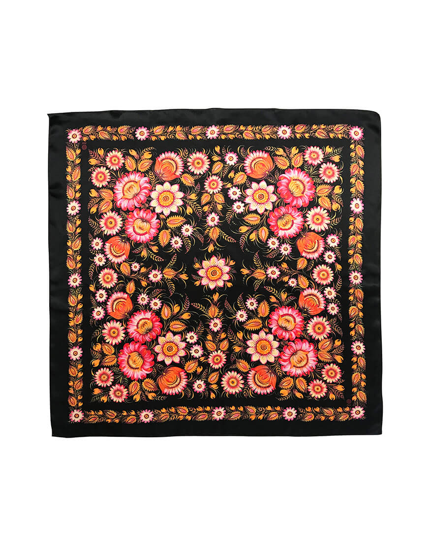 Black Silk Scarf with Ukrainian Floral Folk Art
