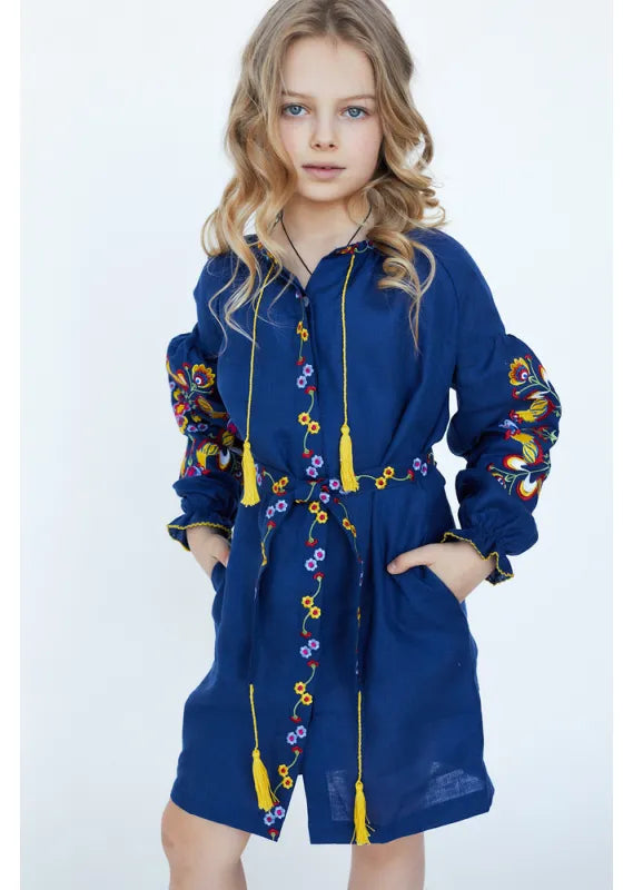 Blue Embroidered  Dress  for Girls  Vyshyvanka Linen