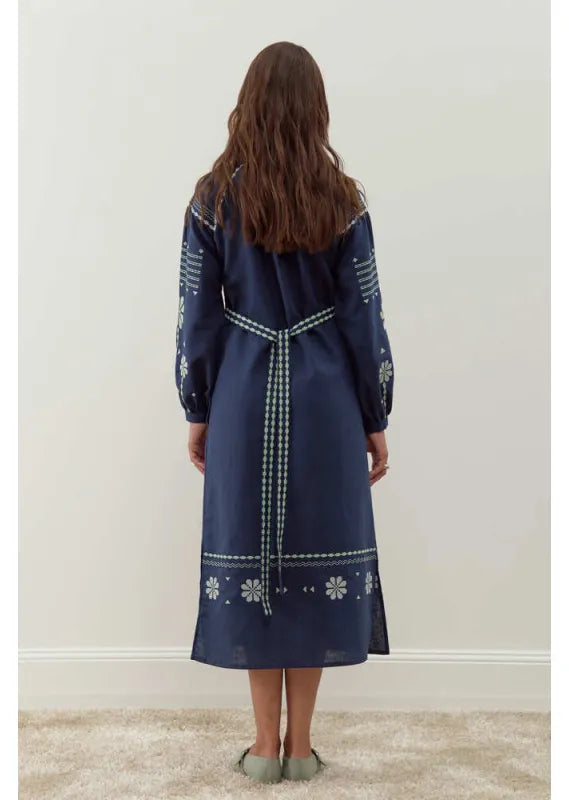 Blue Embroidered Dress Linen Ukrainian vyshyvanka Gift for Her Boho Dress Christmas Gift