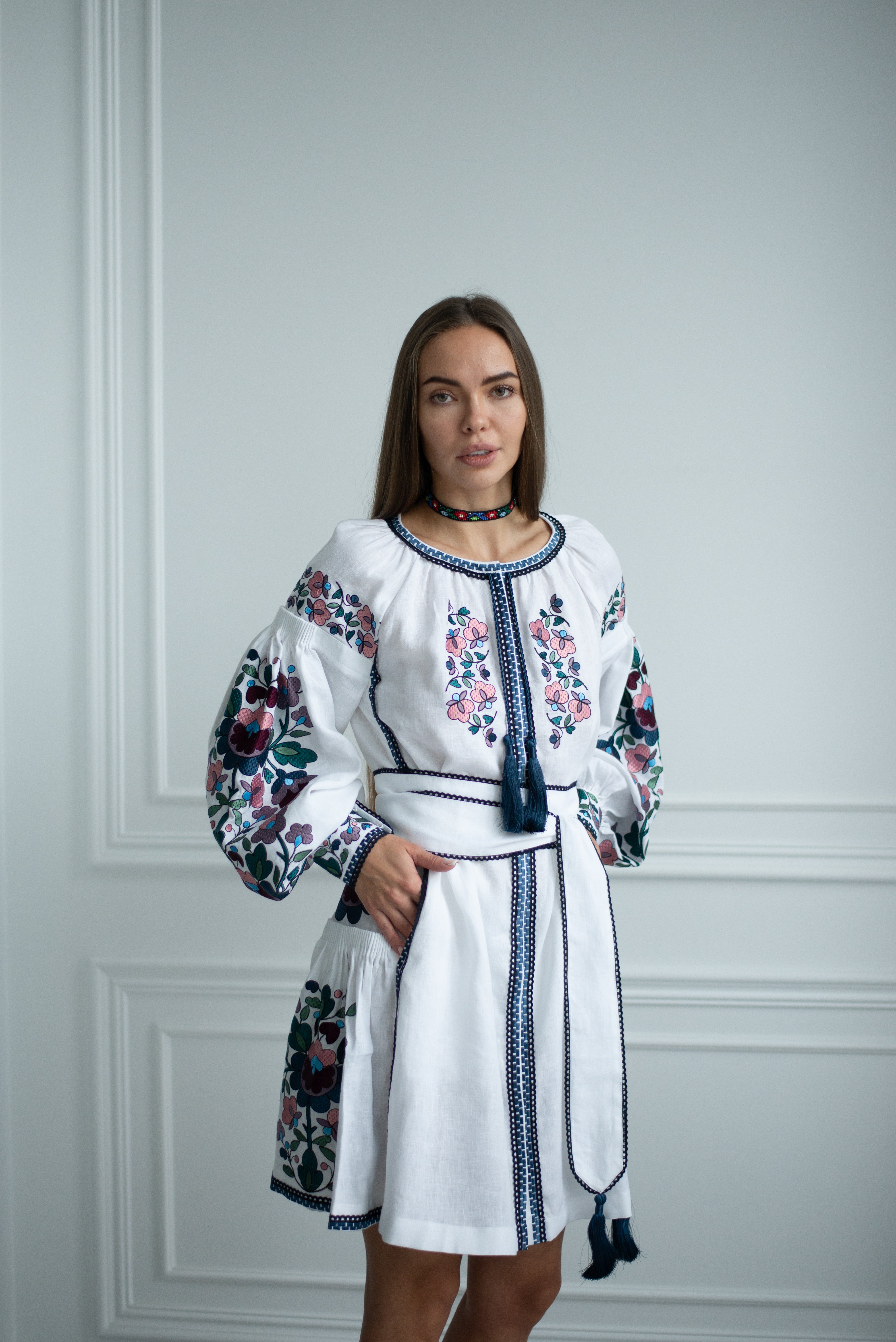 White Linen Embroidered Dress with Embroidery Ukrainian Mexican Dress Kaftan Abaya, Caftan Boho style Vita Kin Christmas