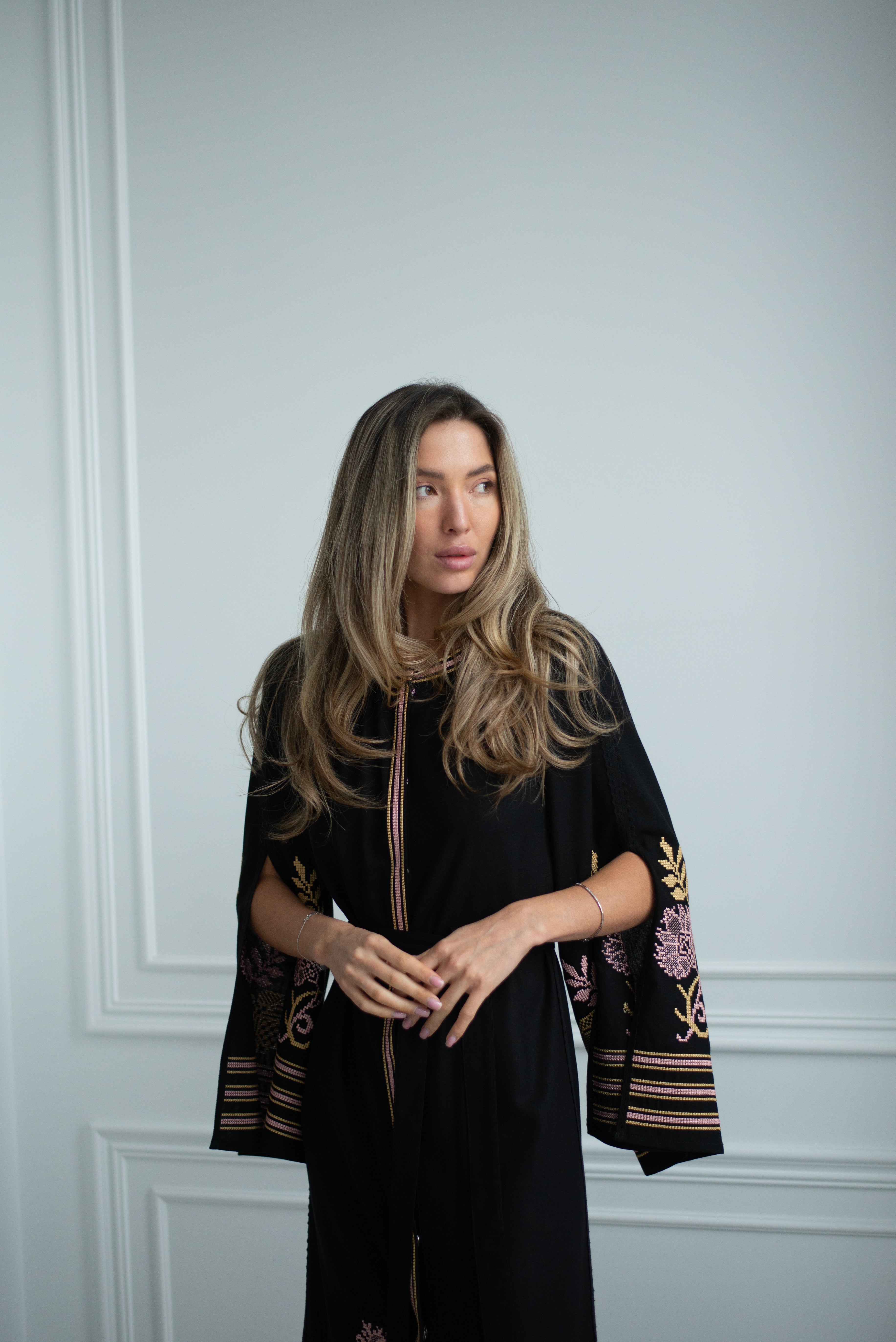 Long black dress Embroidered with slits on the sleeves Black dress Ukrainian Embroidered vyshyvanka Boho