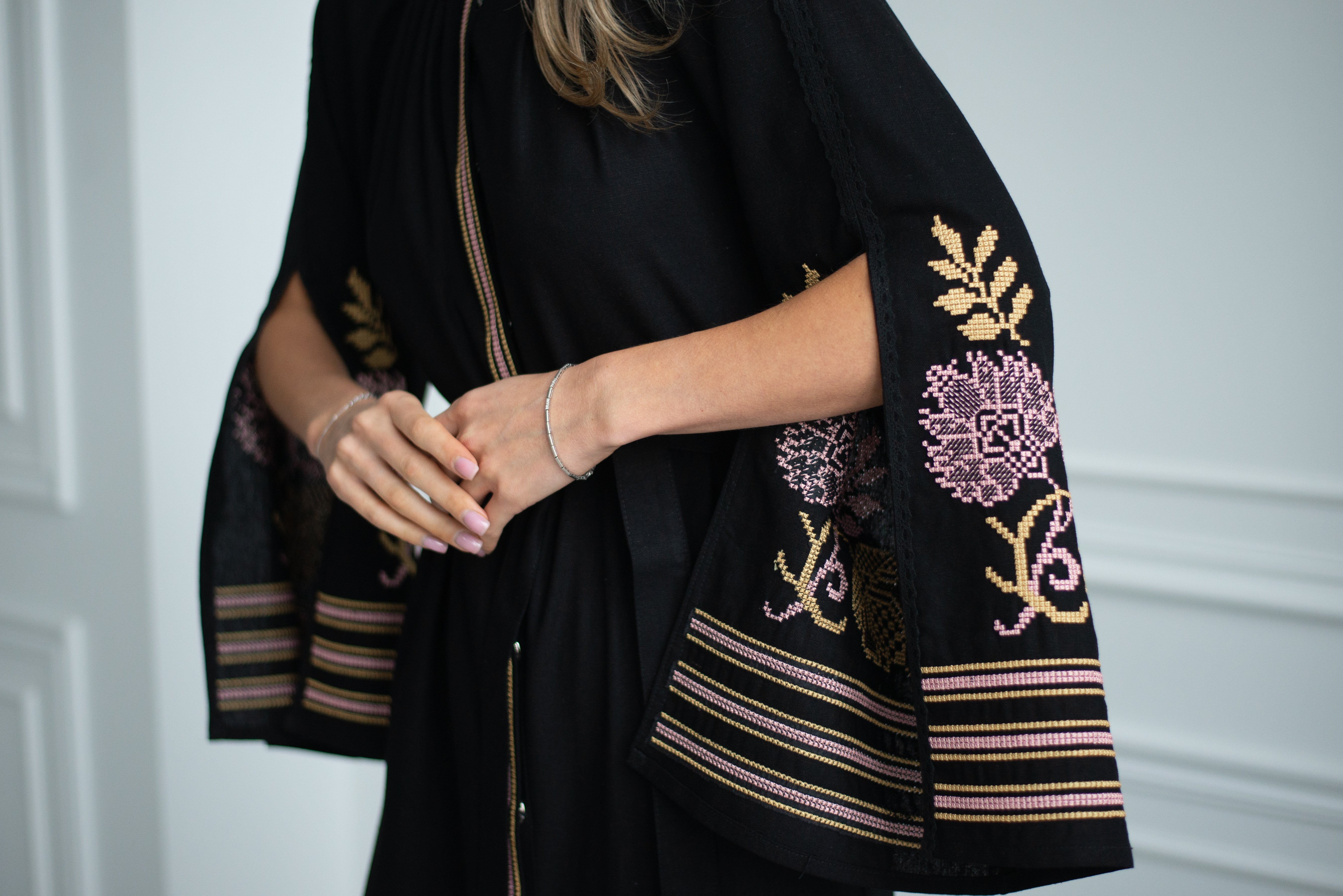 Long black dress Embroidered with slits on the sleeves Black dress Ukrainian Embroidered vyshyvanka Boho