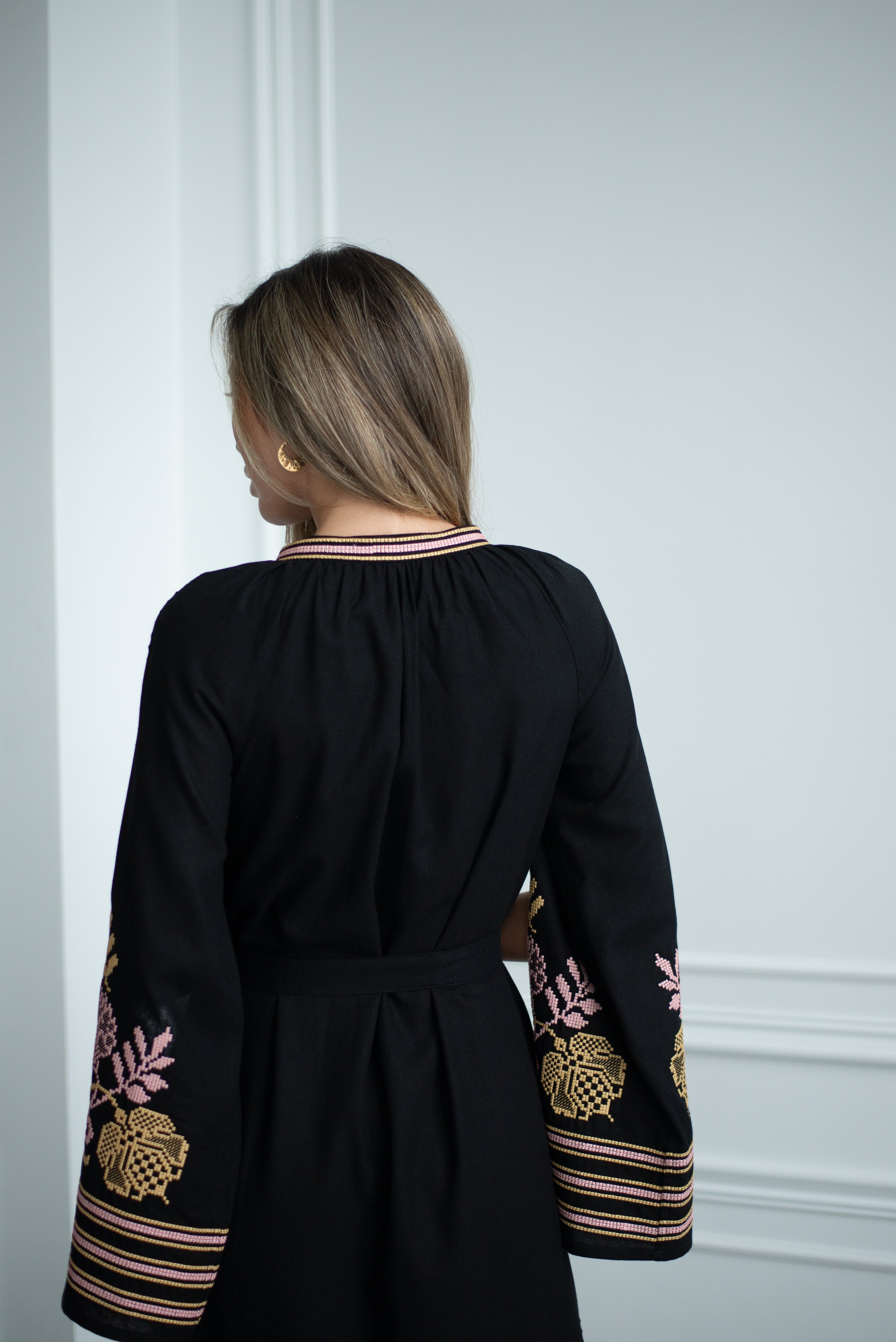 Long black dress Embroidered with slits on the sleeves Black dress Ukrainian Embroidered vyshyvanka Boho
