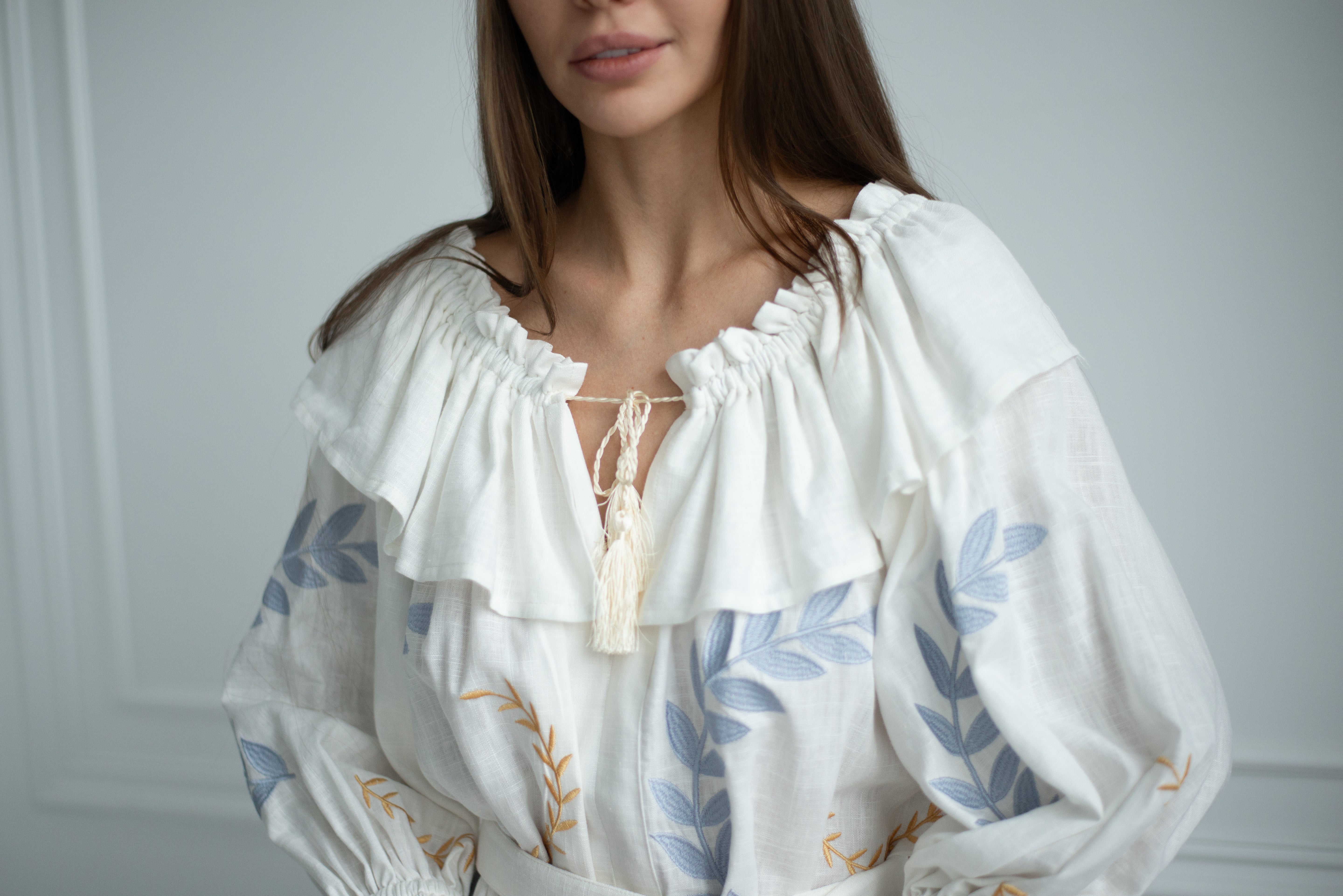 Milk linen mini Embroidered dress Ukrainian boho