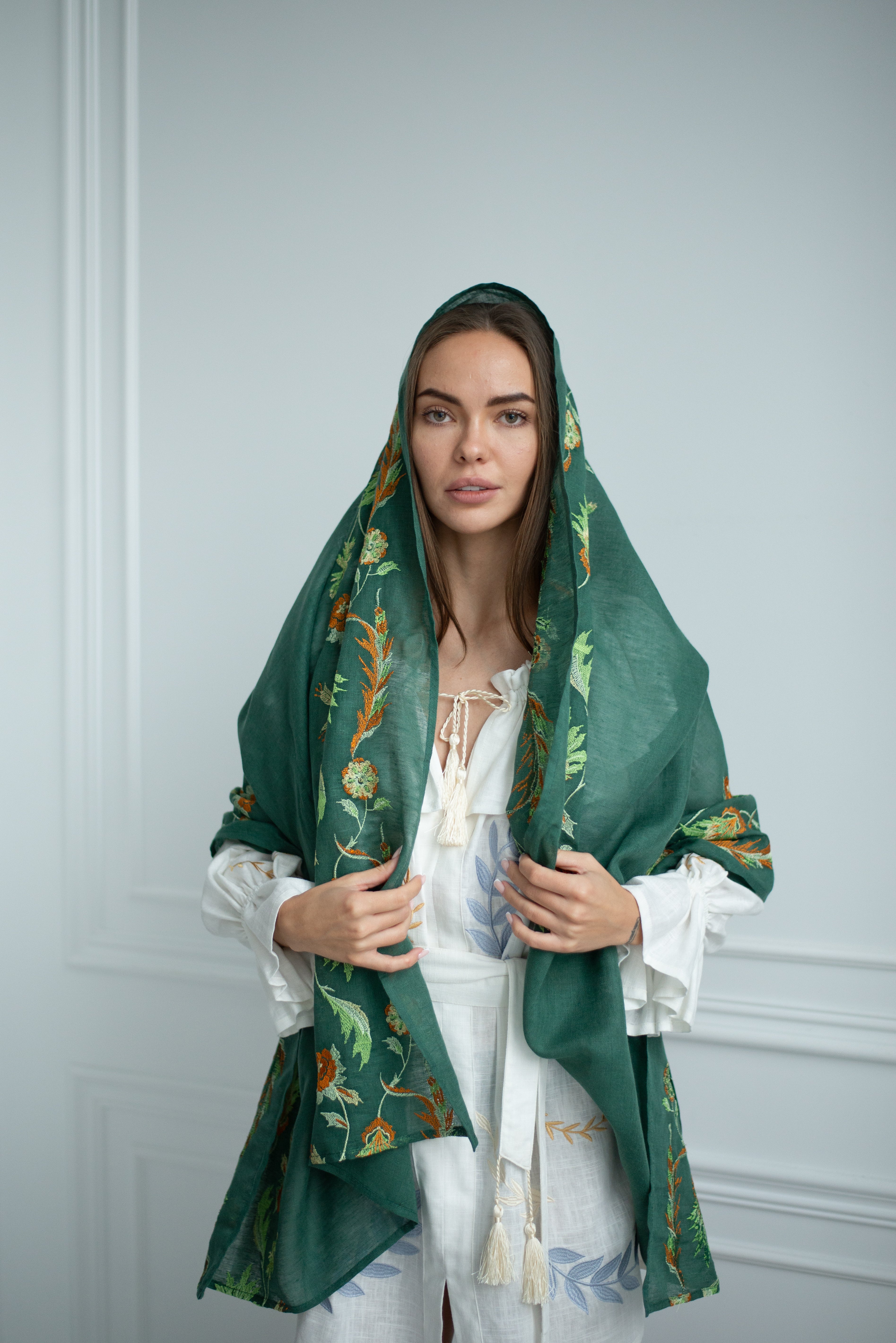 Green Ukrainian shawl Traditional Mom shawl bohemian scarf flower clothings