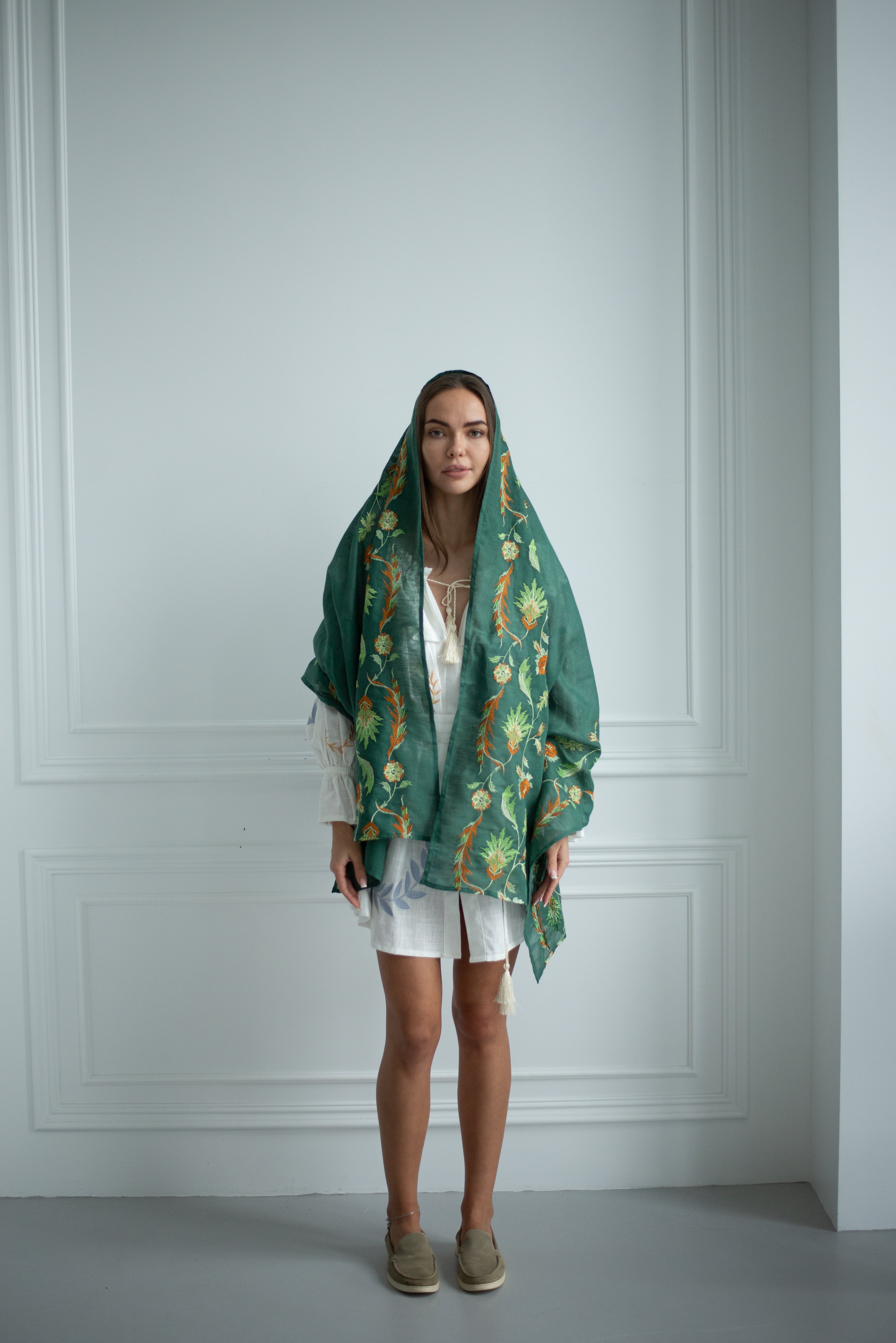 Green Ukrainian shawl Traditional Mom shawl bohemian scarf flower clothings