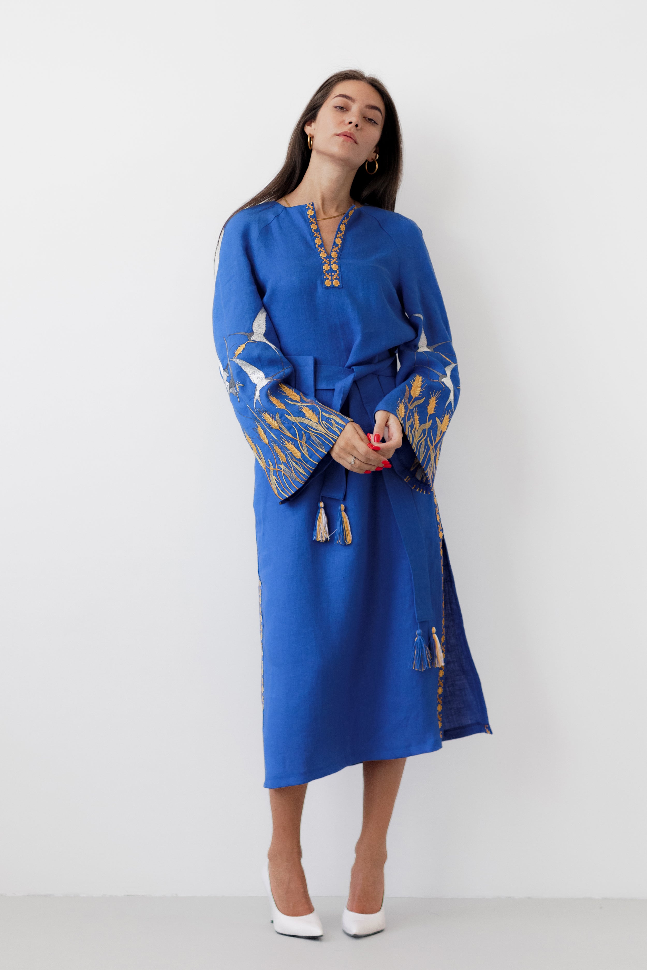 Blue Linen Embroidered Ukrainian Vyshyvanka Dress Folk Style