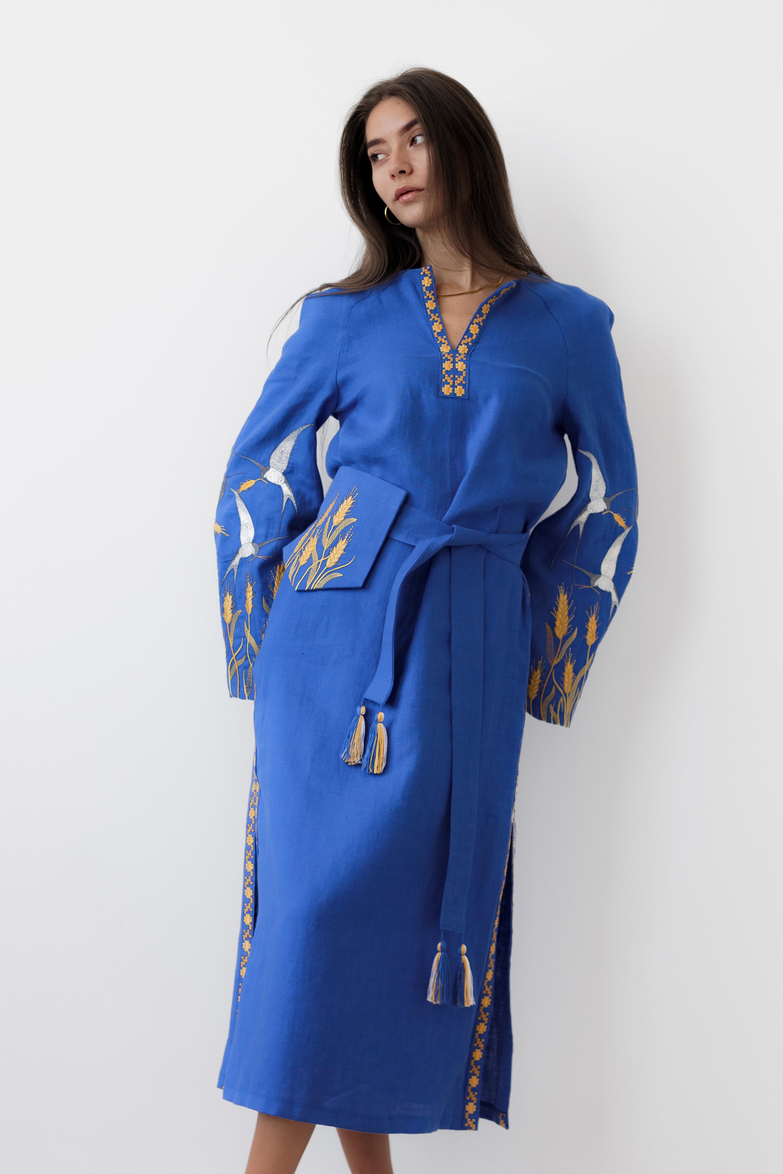 Blue Linen Embroidered Ukrainian Vyshyvanka Dress Folk Style