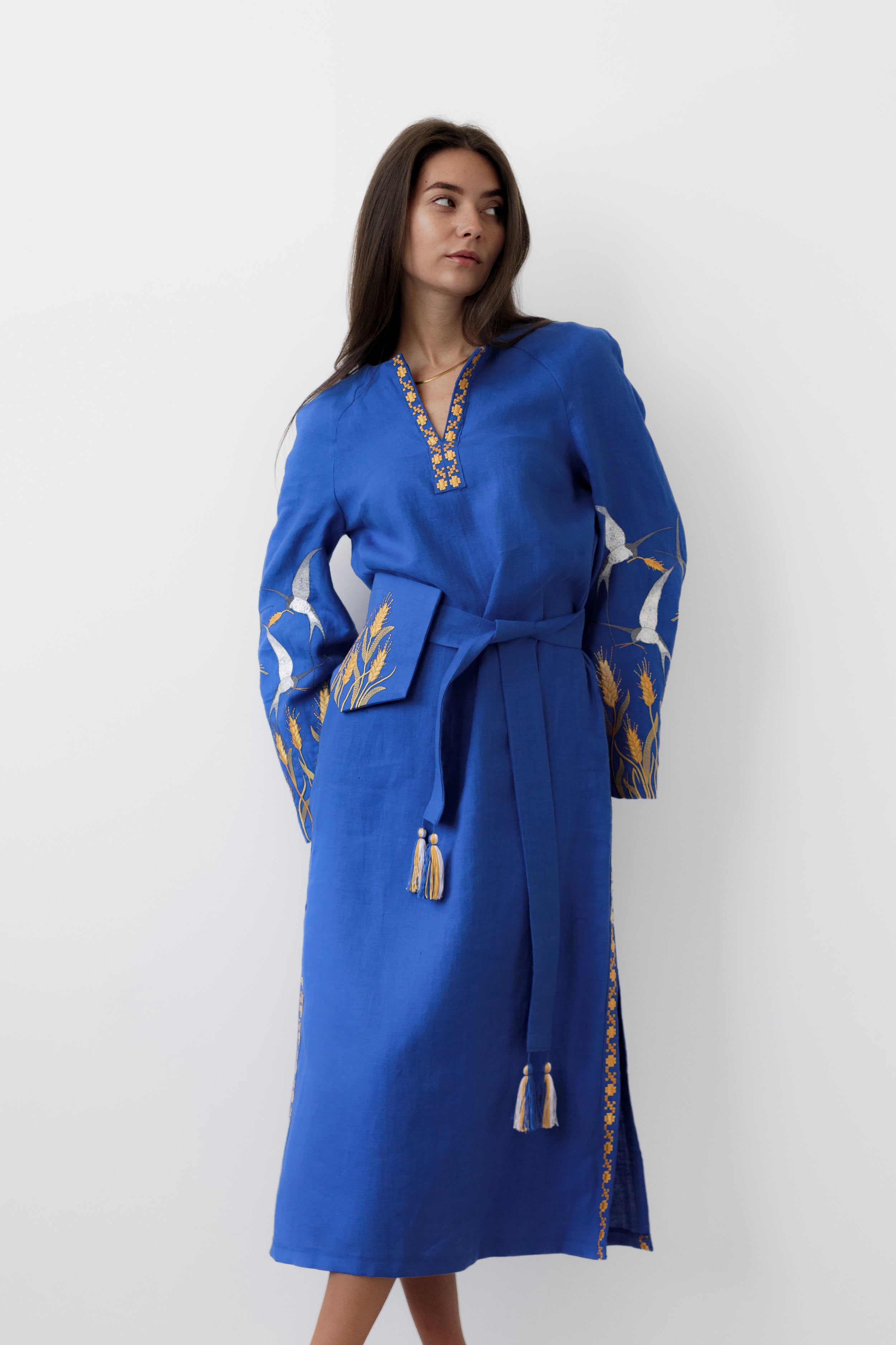 Blue Linen Embroidered Ukrainian Vyshyvanka Dress Folk Style