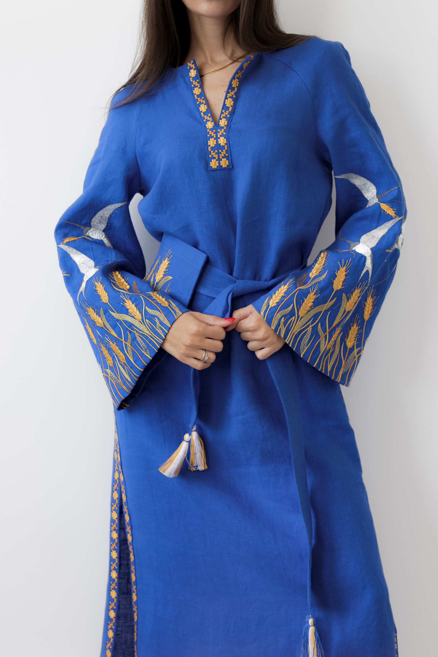 Blue Linen Embroidered Ukrainian Vyshyvanka Dress Folk Style