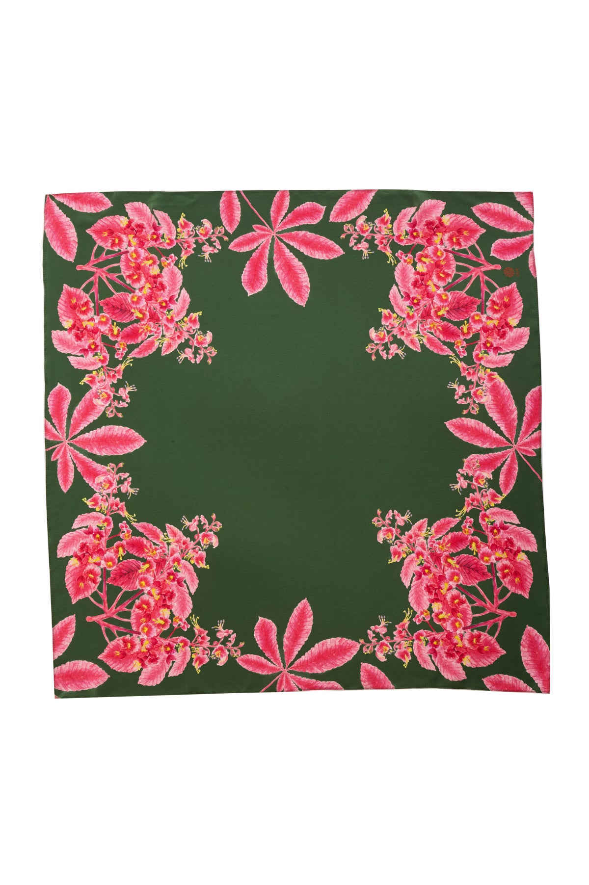 100% Silk Scarf Chestnut Green Silk Headscarf with Pink Floral Print Elegant Square Silk Scarf Ukrainian Inspired Gift for Her