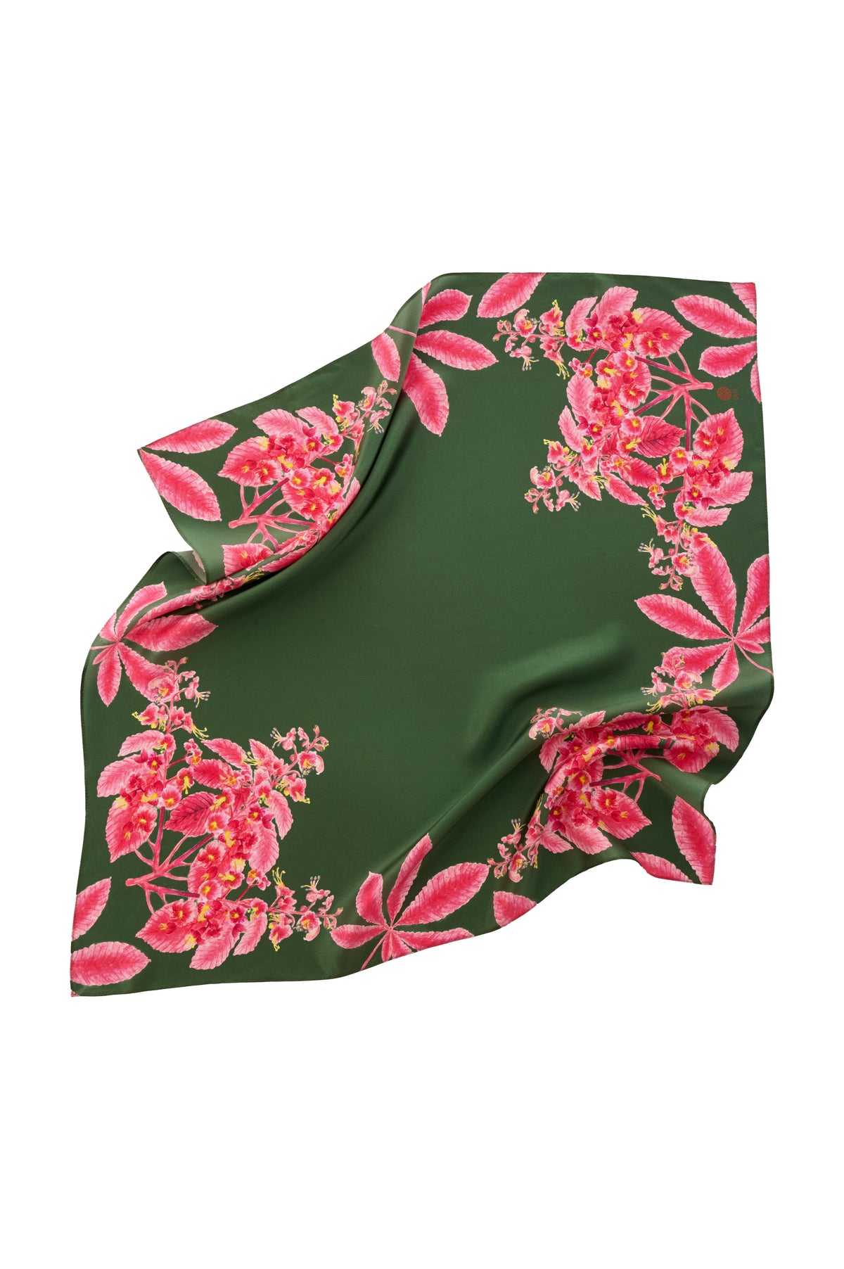 100% Silk Scarf Chestnut Green Silk Headscarf with Pink Floral Print Elegant Square Silk Scarf Ukrainian Inspired Gift for Her