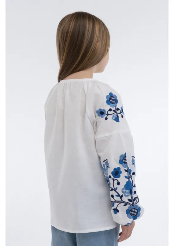 Embroidered Girls' blouse shirt Kvitkova with blue embroidery on white linen shirt for Girl