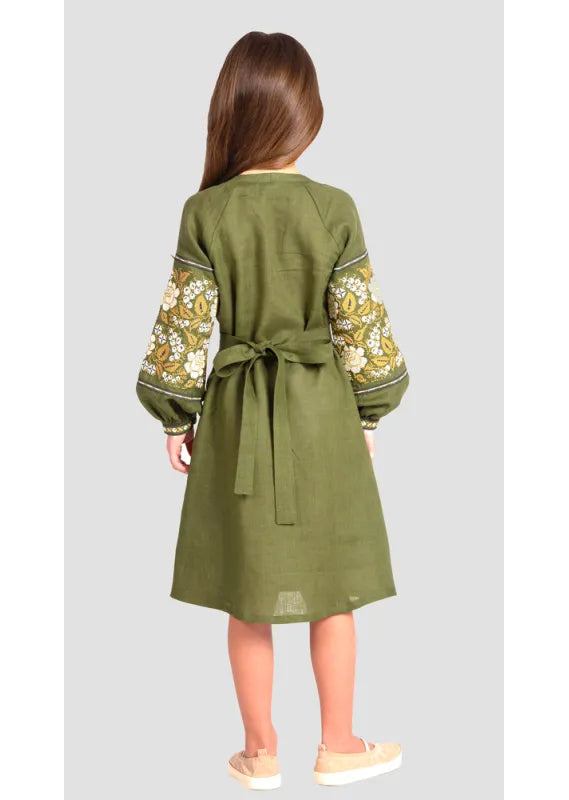 Khaki Ukrainian Vyshyvanka Linen Dress for Girls Embroidered Style