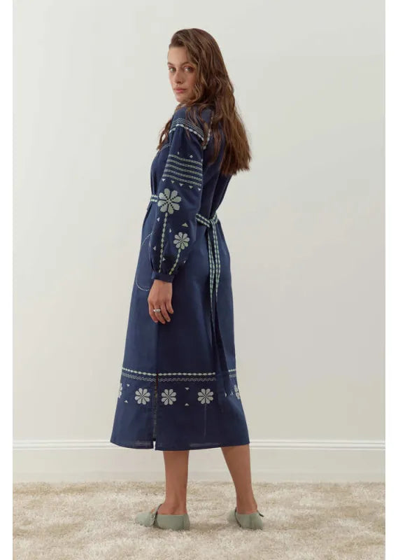 Blue Embroidered Dress Linen Ukrainian vyshyvanka Gift for Her Boho Dress Christmas Gift