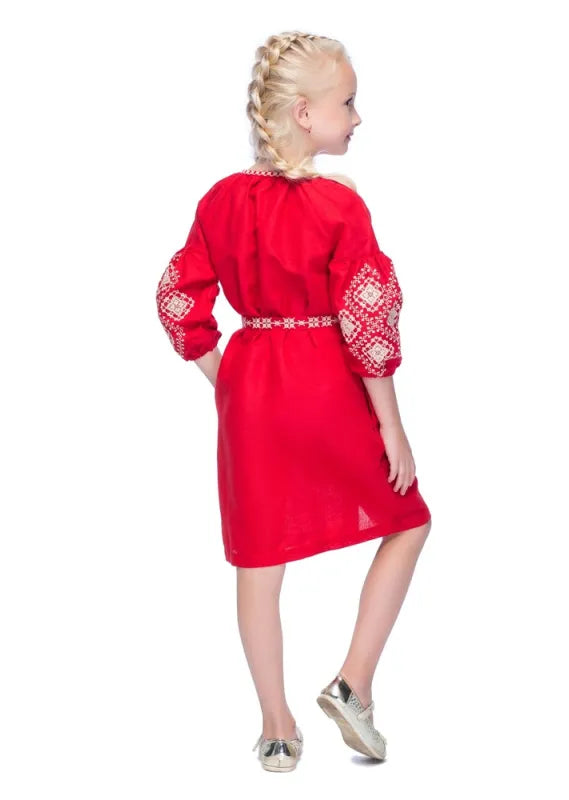 Red Embroidered  Dress Ukrainian Vyshyvanka Linen Dress for Girls Style