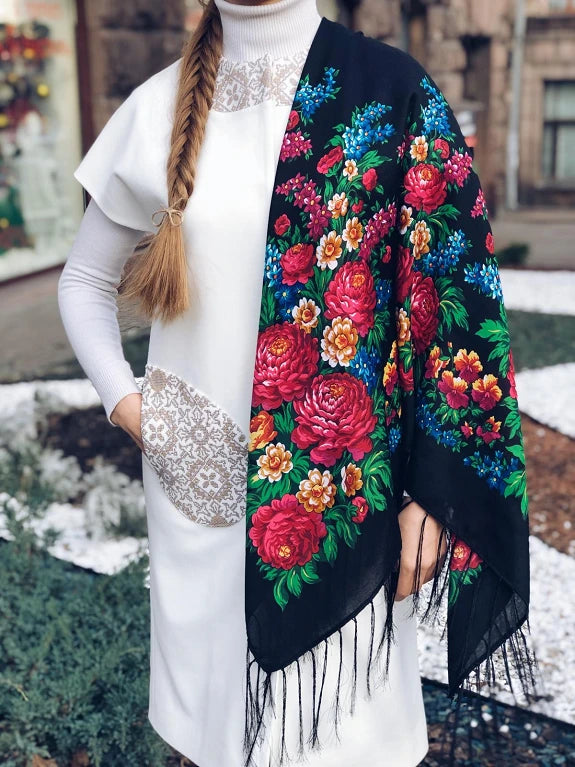Black Ukrainian Shawl - 80% Wool Floral Scarf