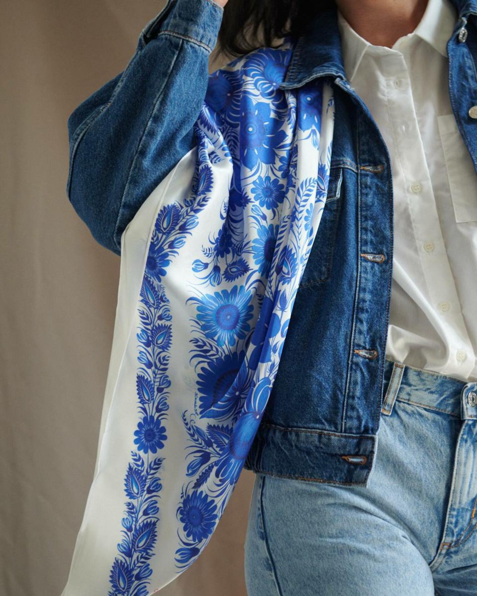 Bohemian Silk Shawl The Sky is Blue" - Dreams Collection, Hand-Painted 100% Silk 65 cm
