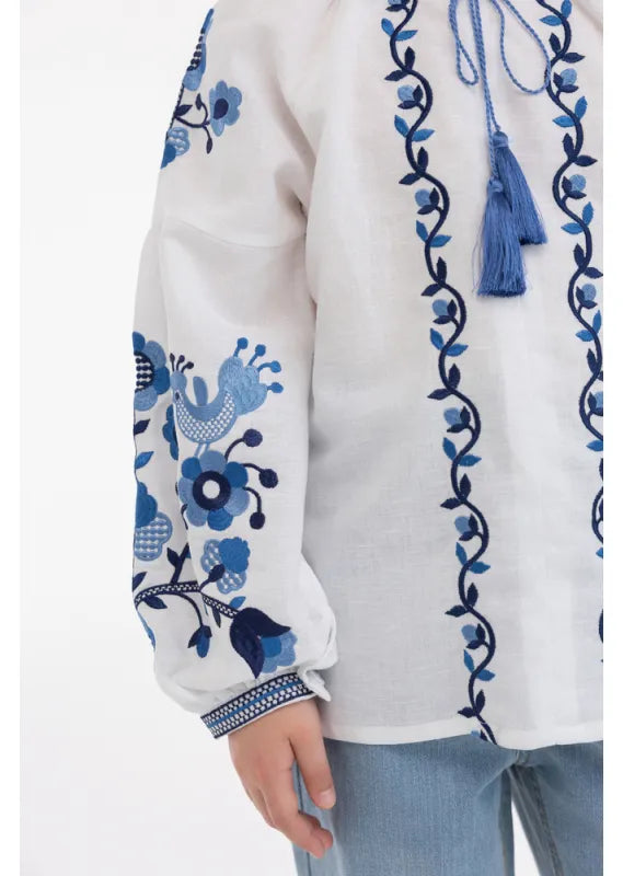 Embroidered Girls' blouse shirt Kvitkova with blue embroidery on white linen shirt for Girl