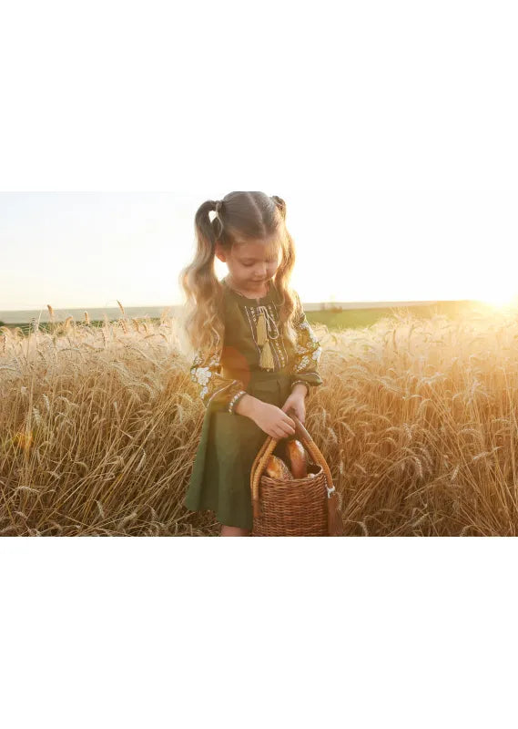 Khaki Ukrainian Vyshyvanka Linen Dress for Girls Embroidered Style