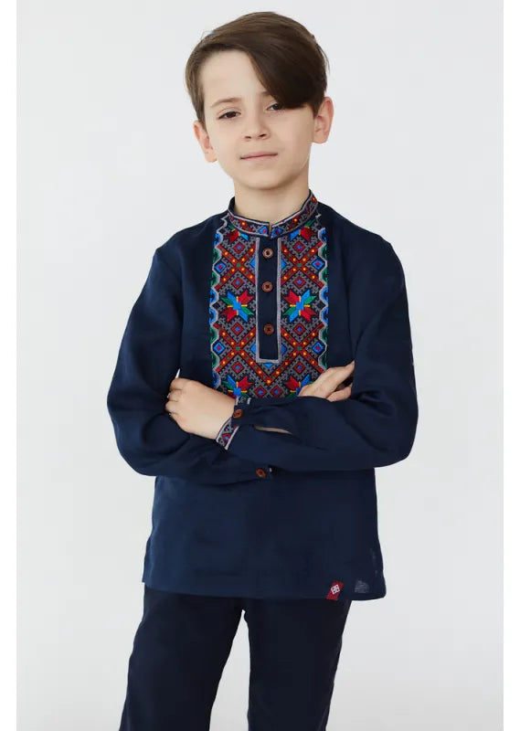 Ukrainian Vyshyvanka Shirt for Boys Blue Embroidered