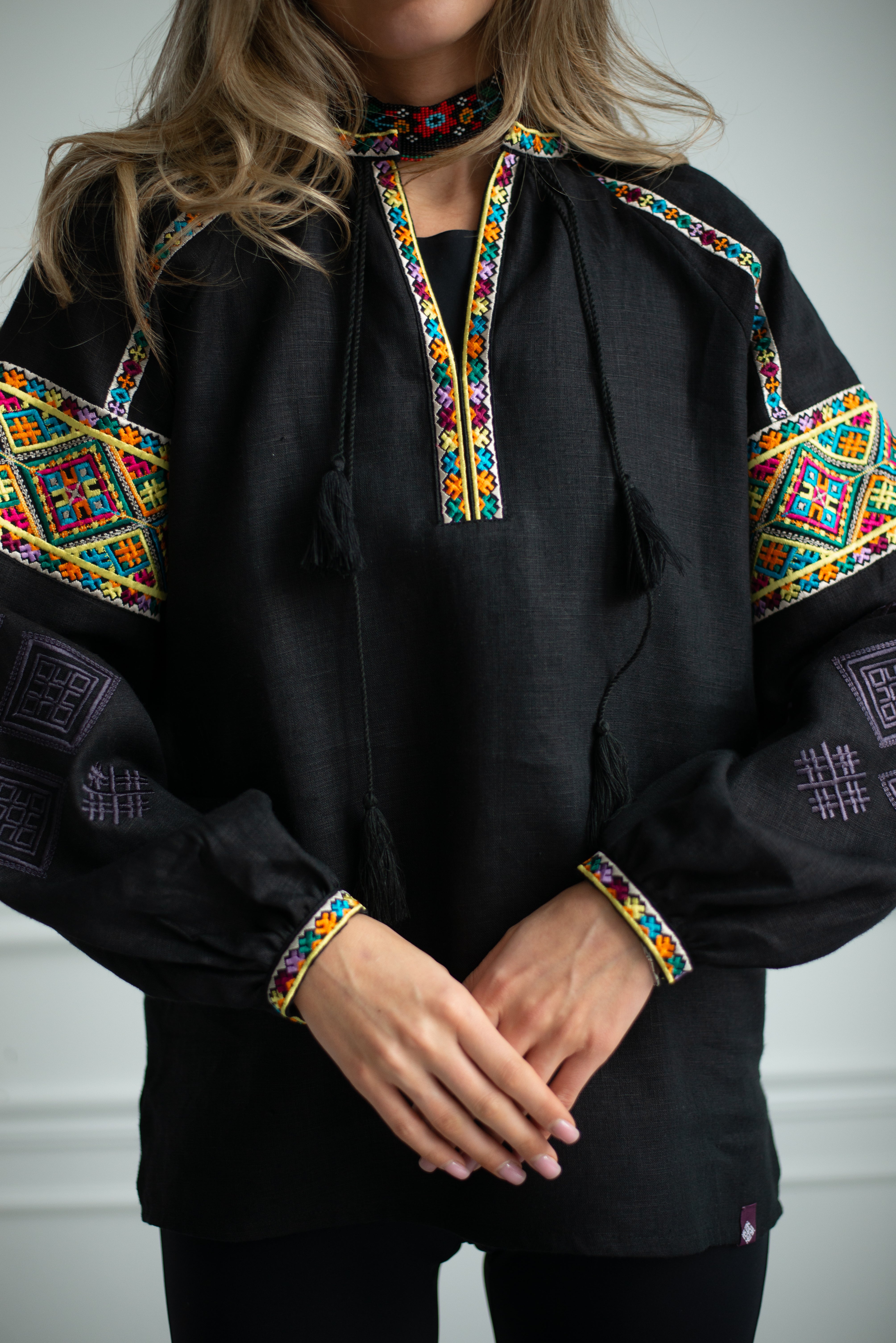 Black Embroidered Blouse Ukrainian Vyshyvanka Bohemian Ethnic Shirt Boho Chic Peasant Folk Art