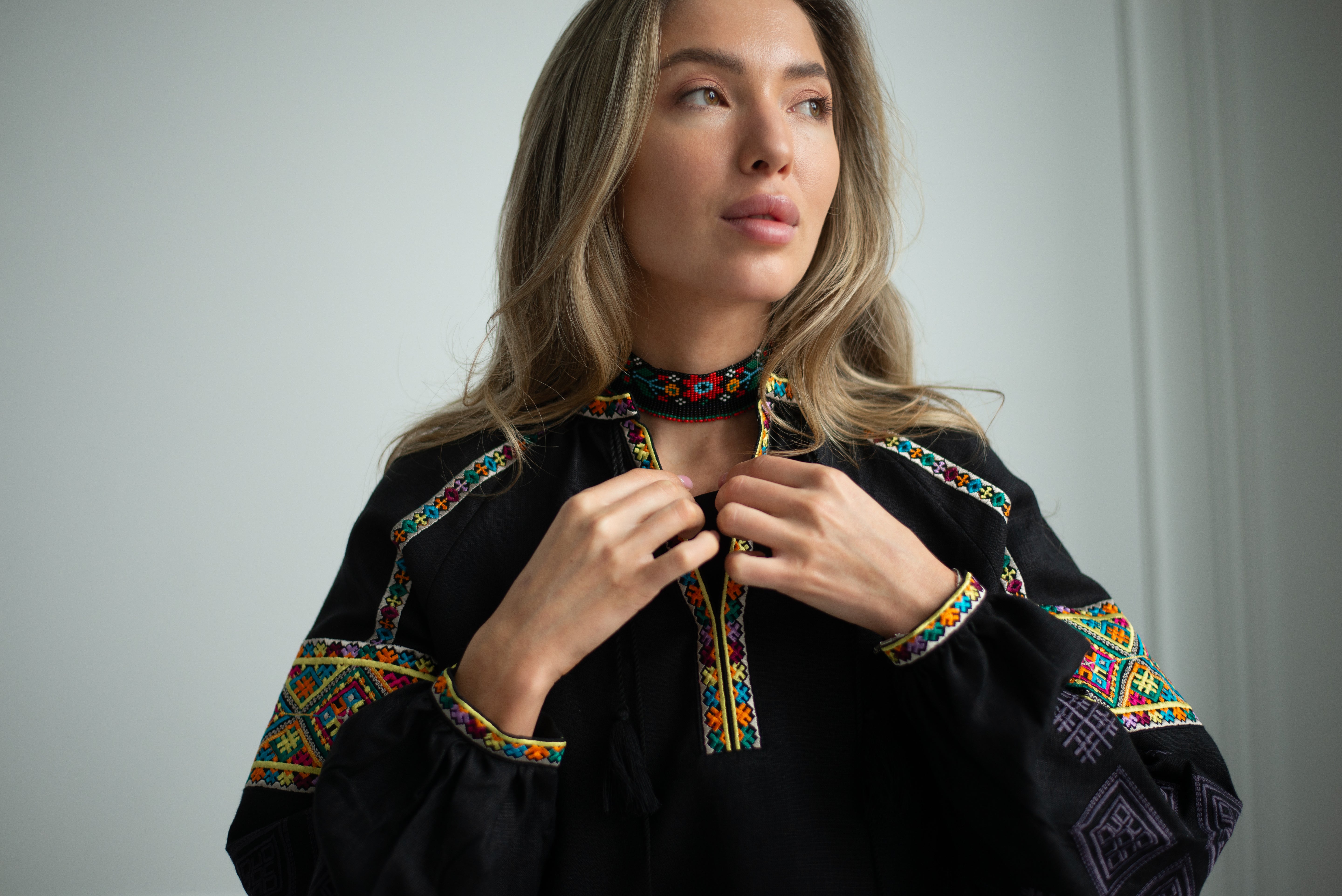 Black Embroidered Blouse Ukrainian Vyshyvanka Bohemian Ethnic Shirt Boho Chic Peasant Folk Art