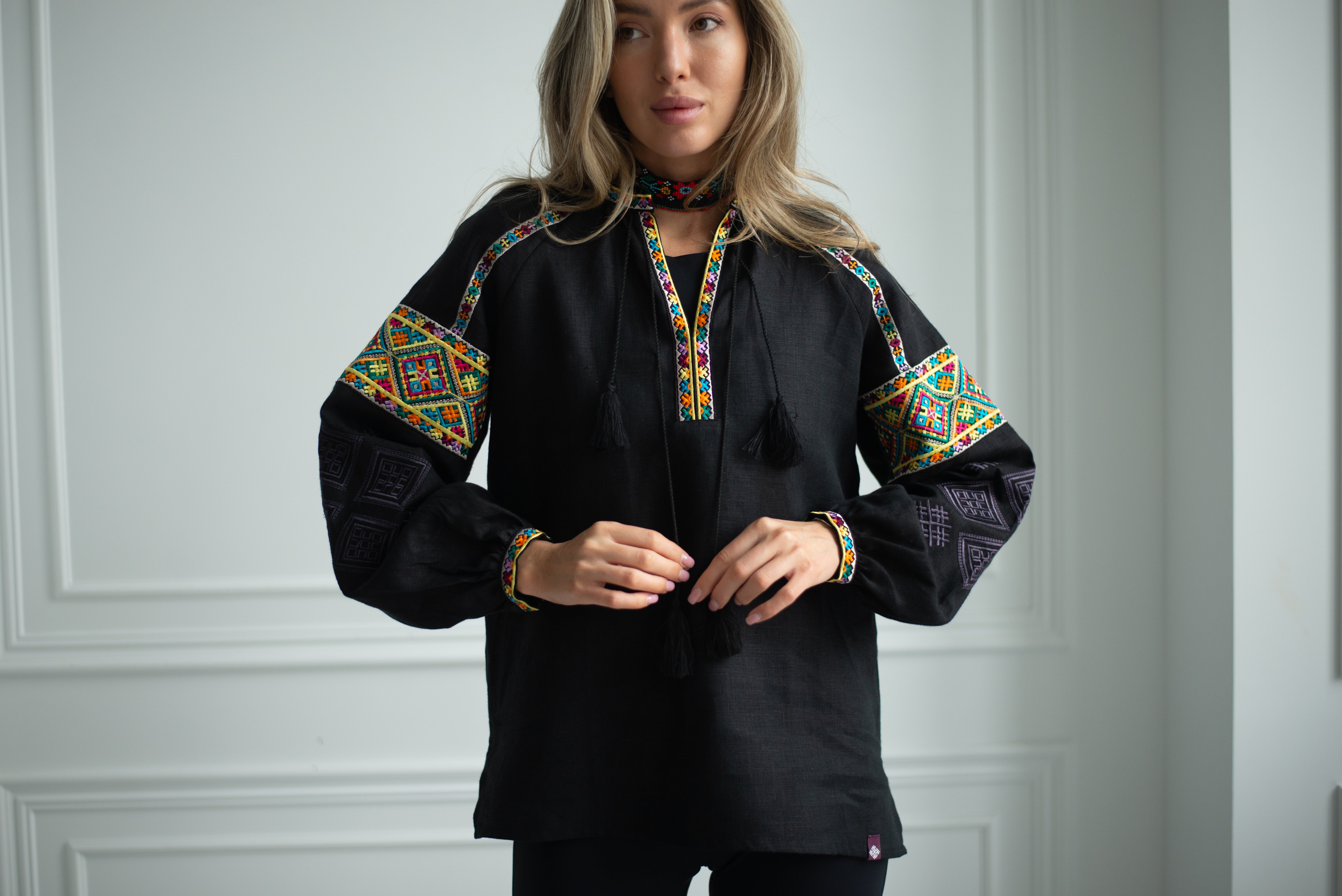 Black Embroidered Blouse Ukrainian Vyshyvanka Bohemian Ethnic Shirt Boho Chic Peasant Folk Art