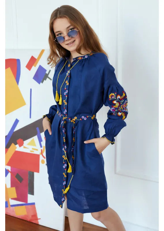 Blue Embroidered  Dress  for Girls  Vyshyvanka Linen