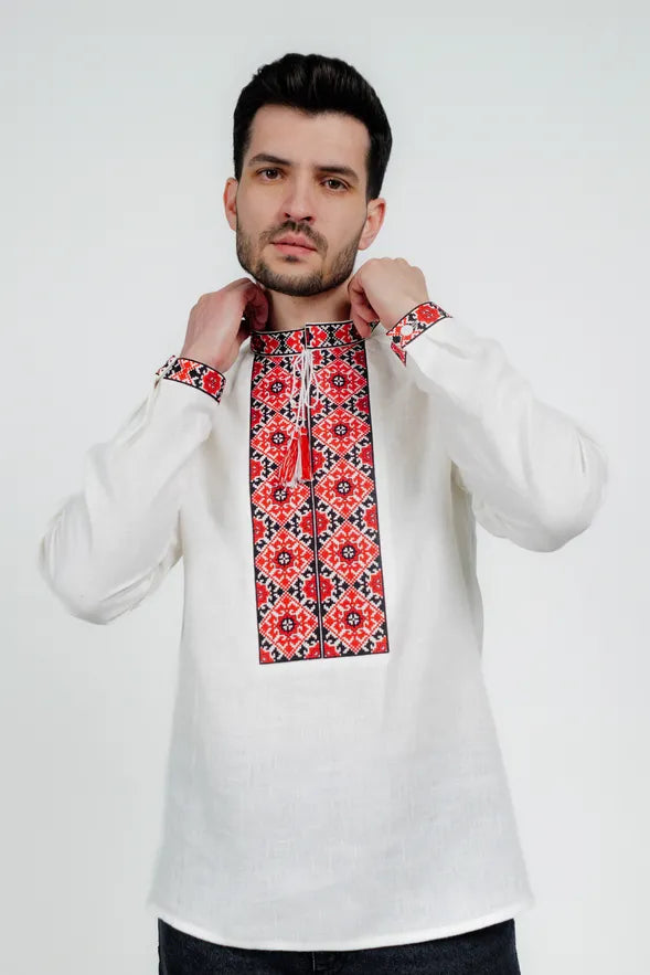 White Classic embroidered men's shirt  Mens Embroidered Shirt Amulite