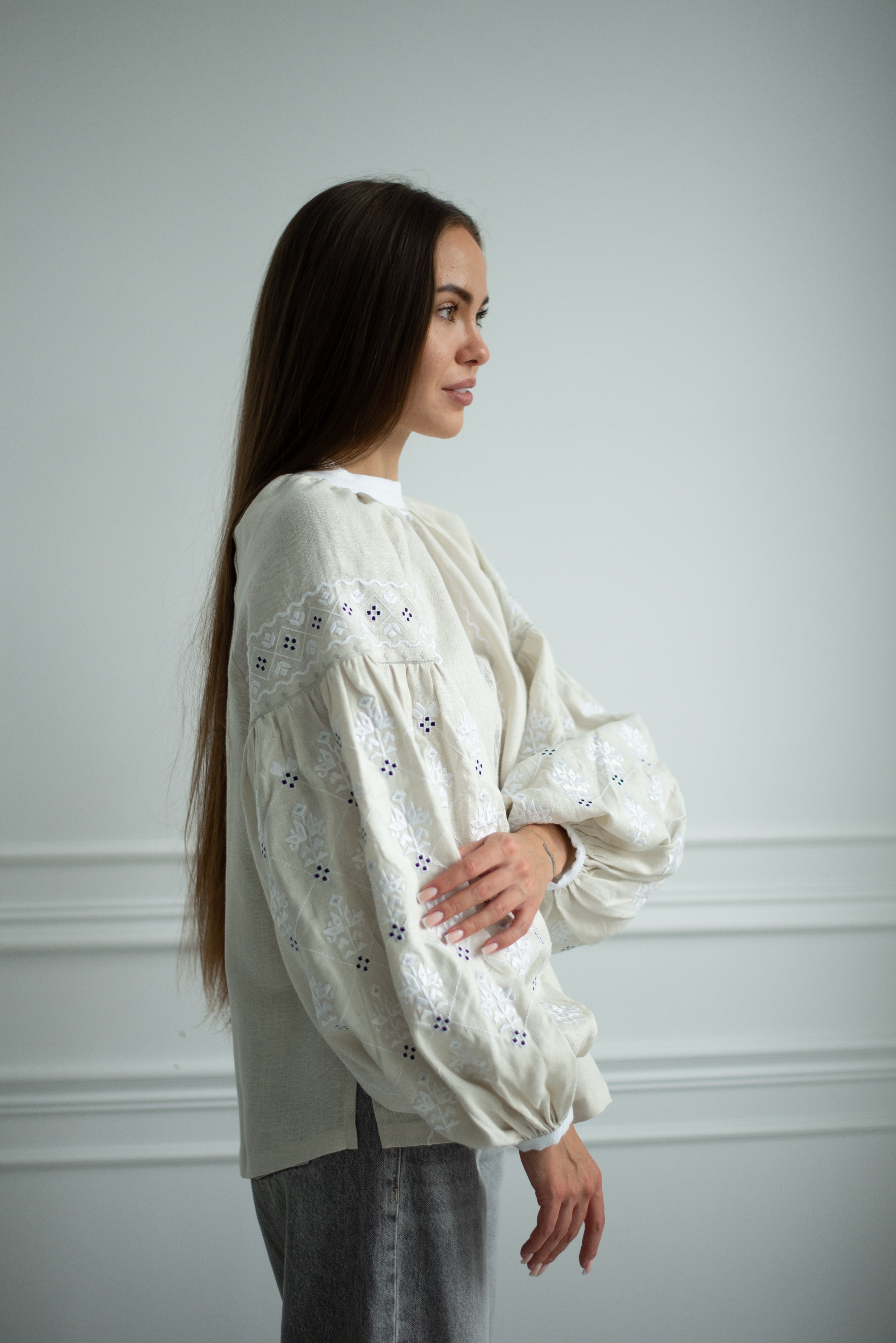 Ukrainian vyshyvanka blouse embroidered bohemian ethnic shirt Beige embroidery on a white