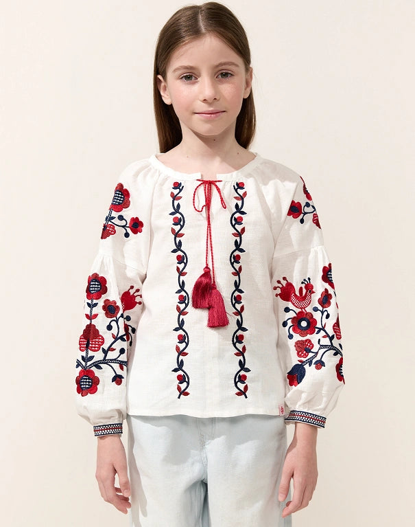 Girls' blouse shirt Kvitkova with colorful embroidery on white linen