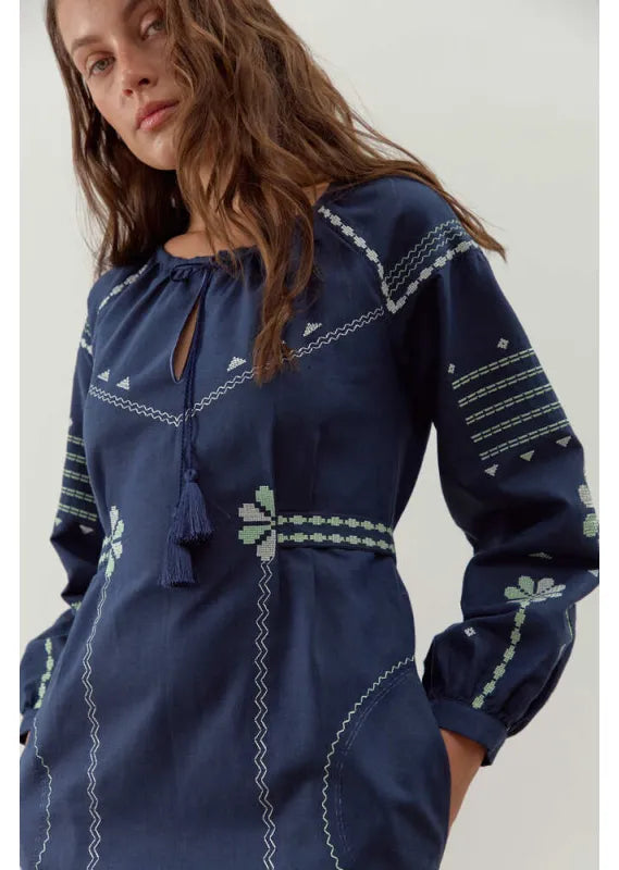 Blue Embroidered Dress Linen Ukrainian vyshyvanka Gift for Her Boho Dress Christmas Gift