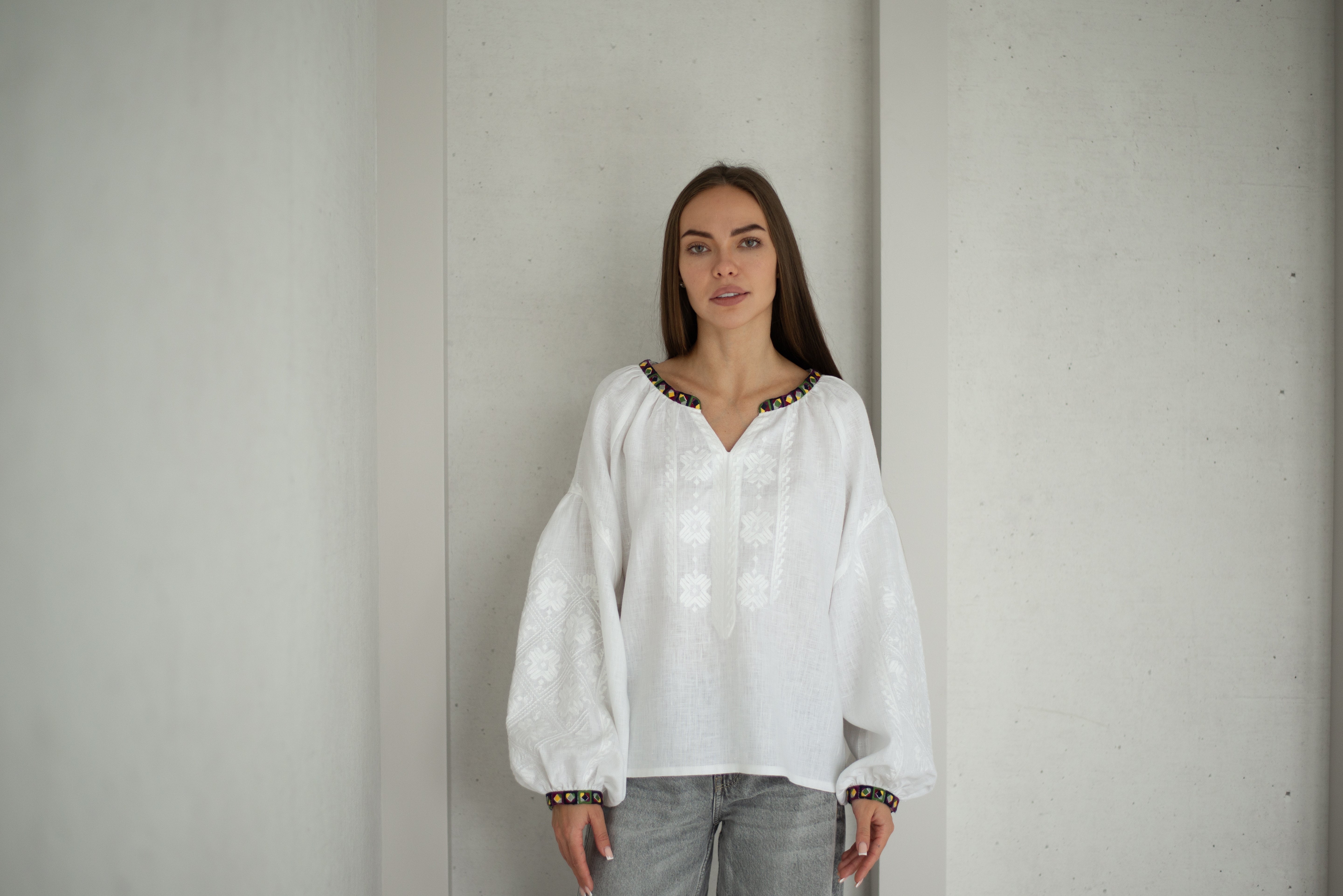 White embroidered blouse Ukrainian vyshyvanka bohemian ethnic shirt White on a white