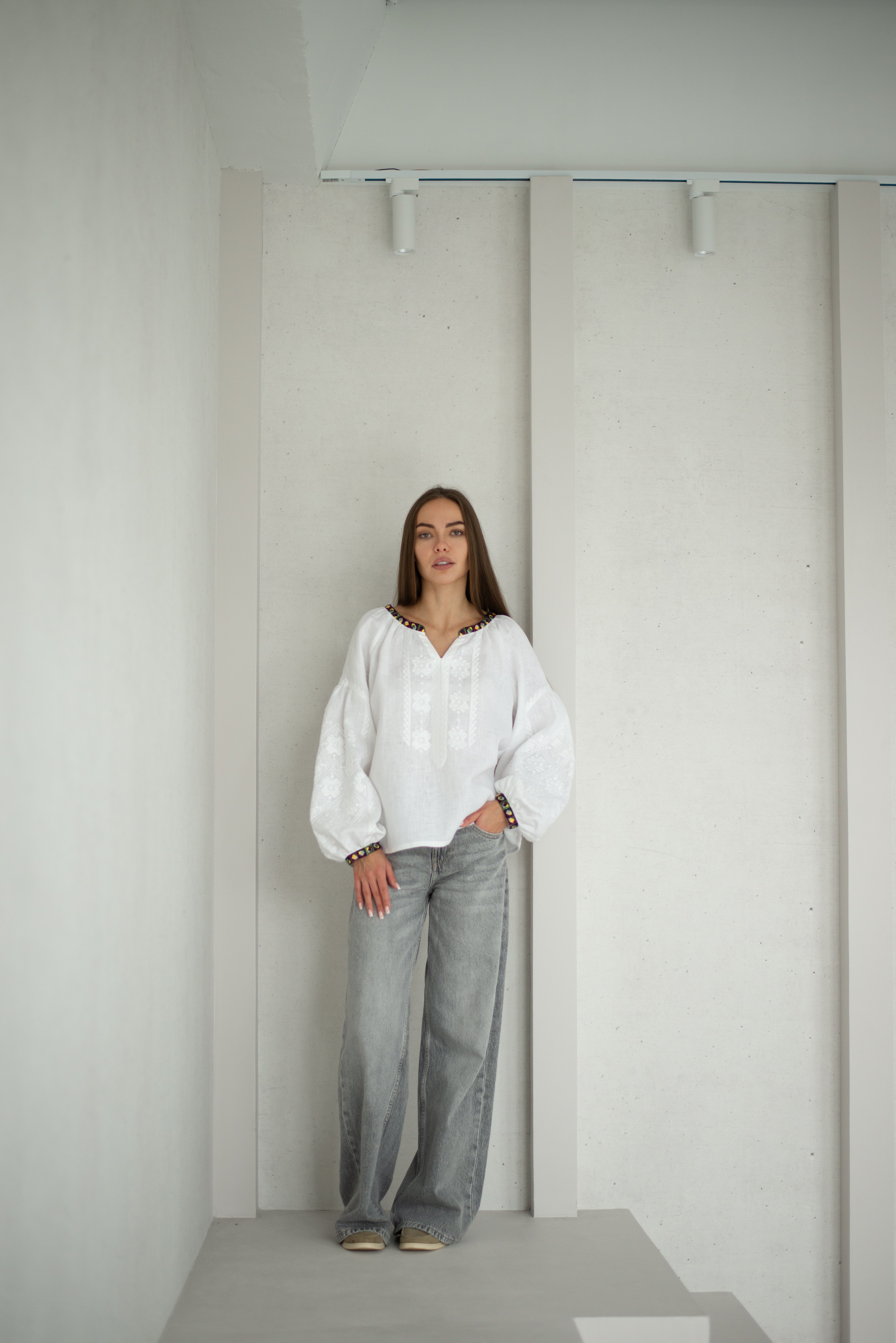 White embroidered blouse Ukrainian vyshyvanka bohemian ethnic shirt White on a white