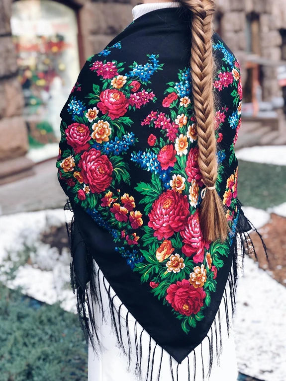 Black Ukrainian Shawl - 80% Wool Floral Scarf