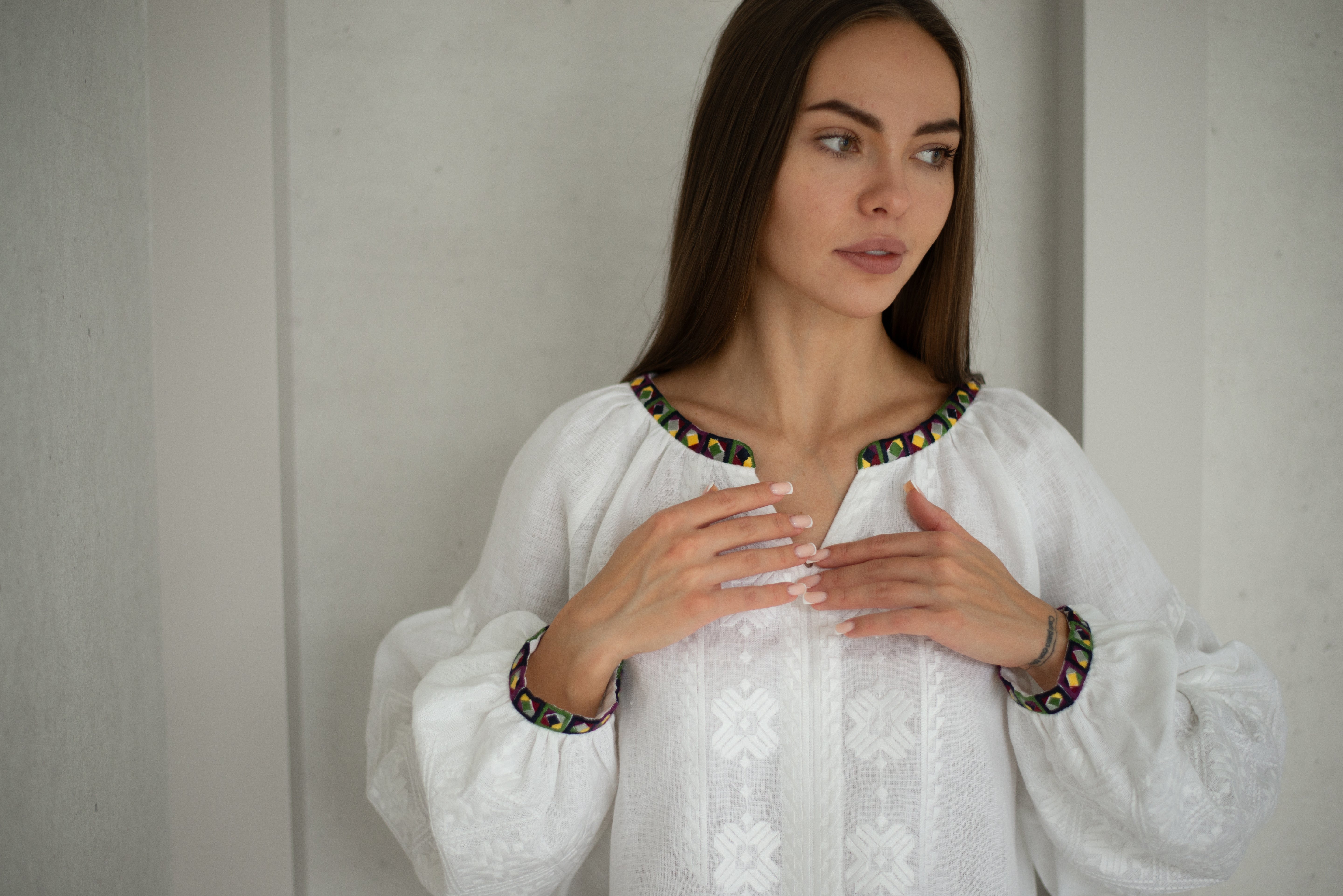White embroidered blouse Ukrainian vyshyvanka bohemian ethnic shirt White on a white