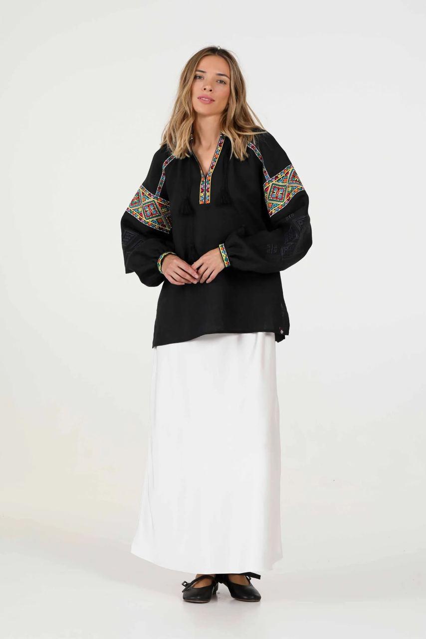 Black Embroidered Blouse Ukrainian Vyshyvanka Bohemian Ethnic Shirt 