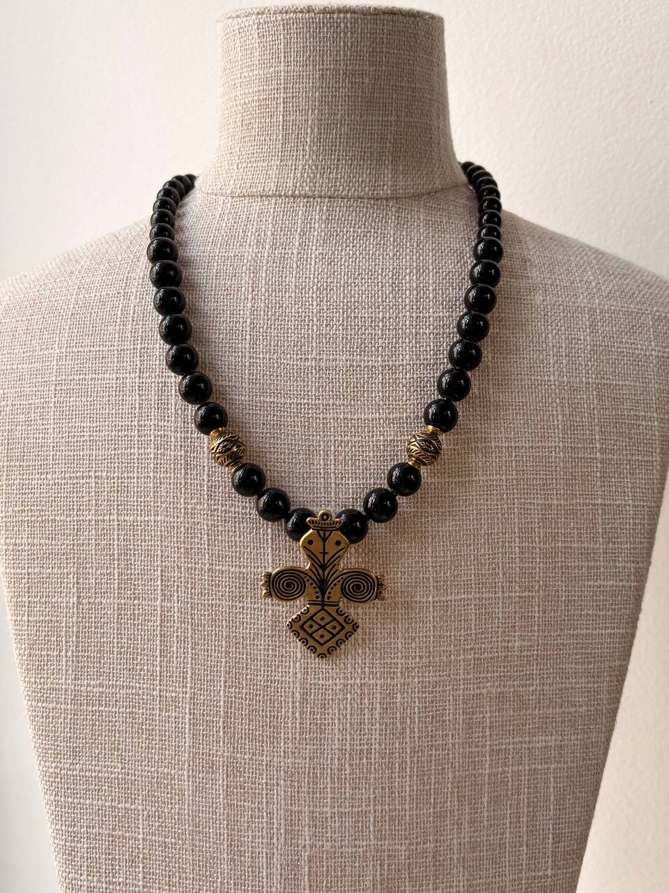 Black Onyx Necklace with Ukrainian Folk-Inspired Pendant Beregynya Ukrainian Handmade Ethnic Jewelry
