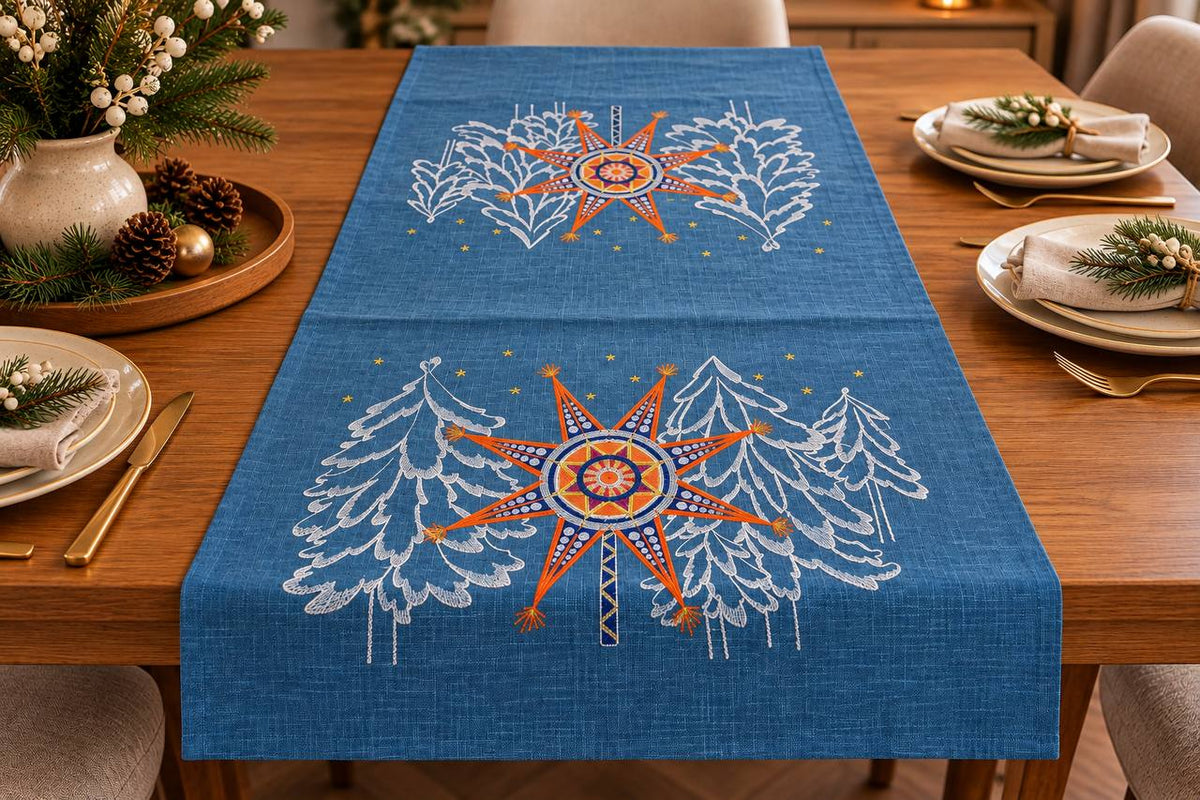 Blue Embroidered Linen Table Runner, Ukrainian Christmas Star Design (140x48cm)