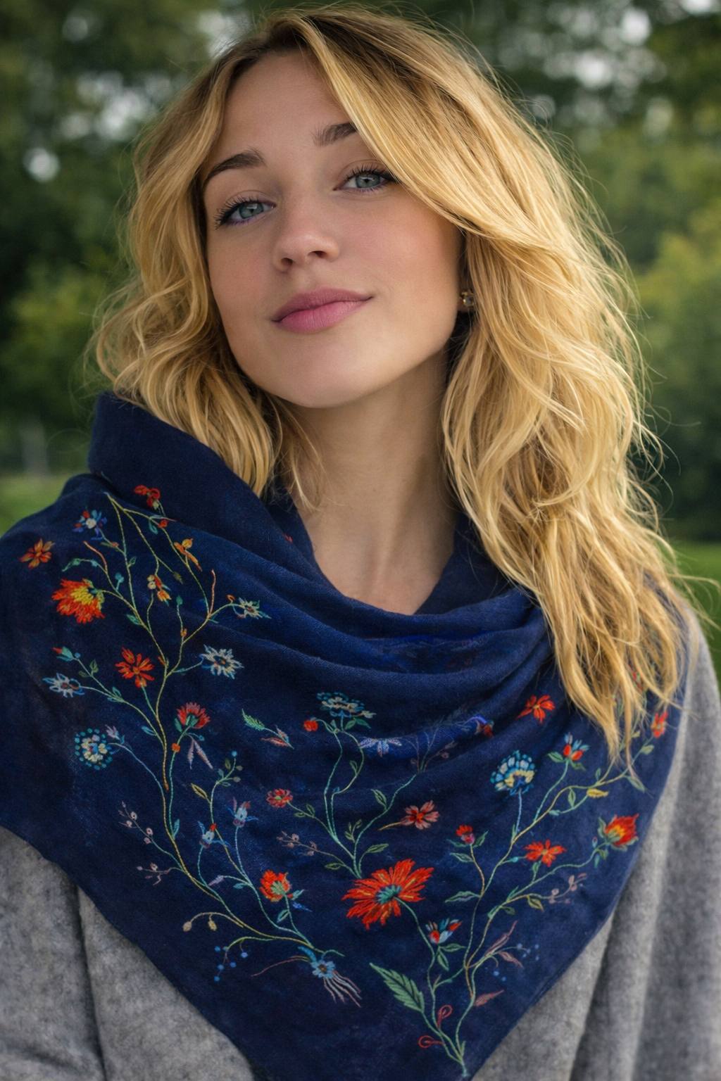 Woman wearing a blue embroidered scarf with a blurred green background