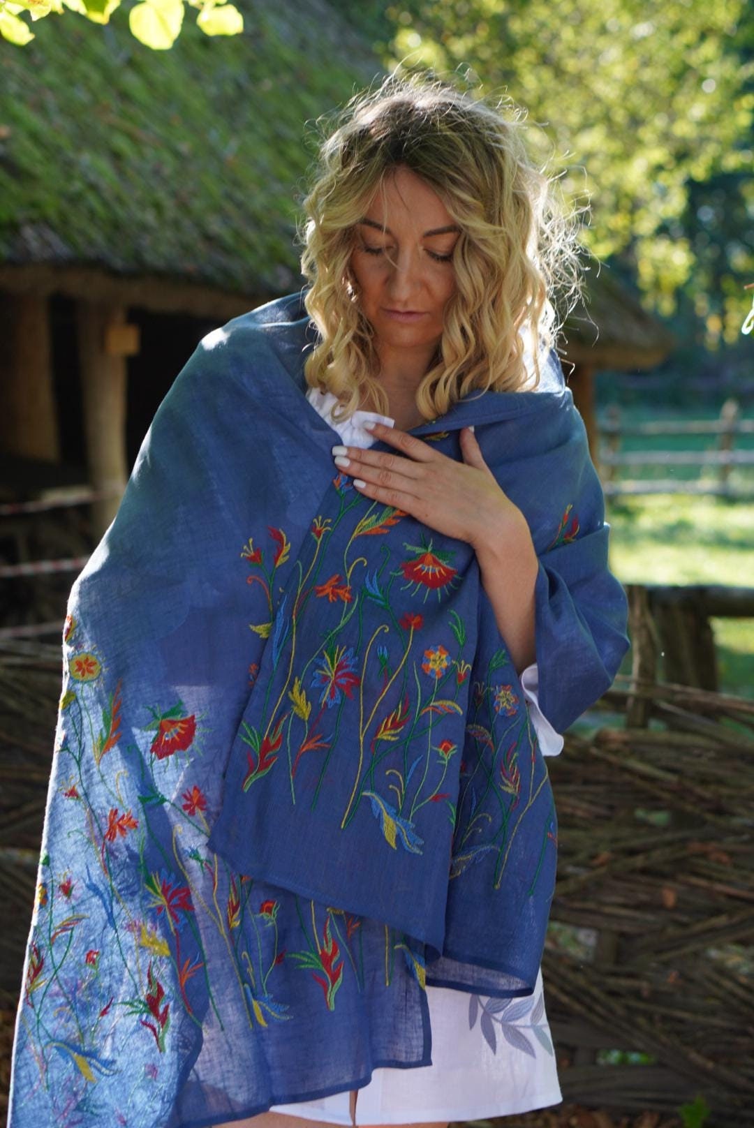 Blue Linen Shawl for Women, Embroidered Ukrainian Shawl with Floral Design Beautiful Scarf Flower Pattern