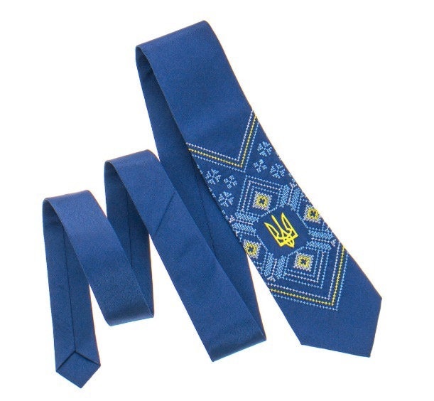 Blue Ukrainian Embroidered Tie with Trident for Men Embroidered tie with trident
