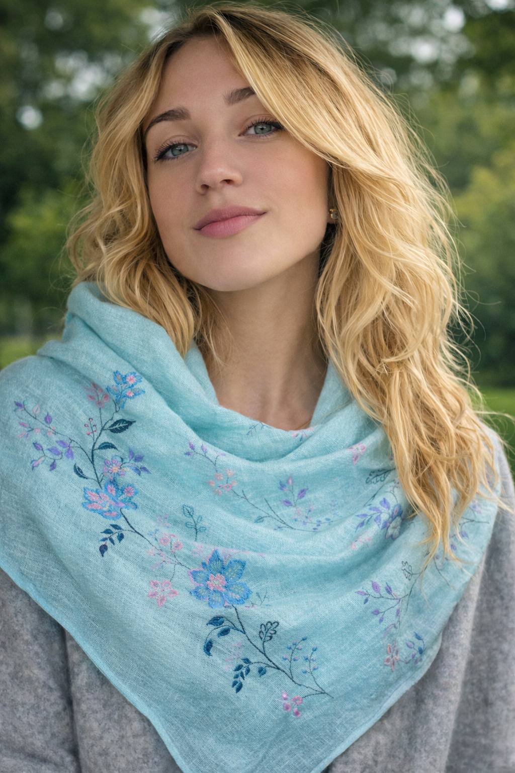 Woman wearing a light blue floral scarf with a blurred green background