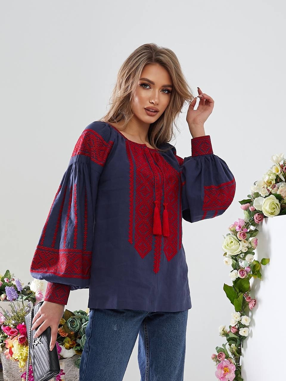 Blue Ukrainian Vyshyvanka Blouse Red Embroidered Bohemian Ethnic Shirt
