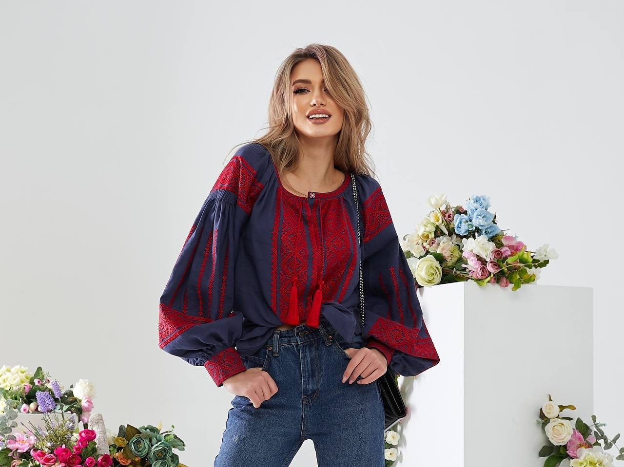 Blue Ukrainian Vyshyvanka Blouse Red Embroidered Bohemian Ethnic Shirt