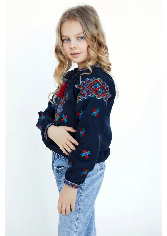 Blue Linen Embroidered Ukrainian Vyshyvanka Blouse for Girls