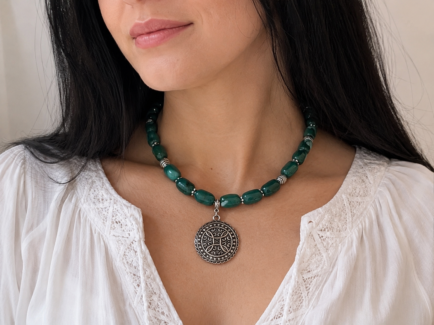 Green Agate Necklace with Celtic Pendant