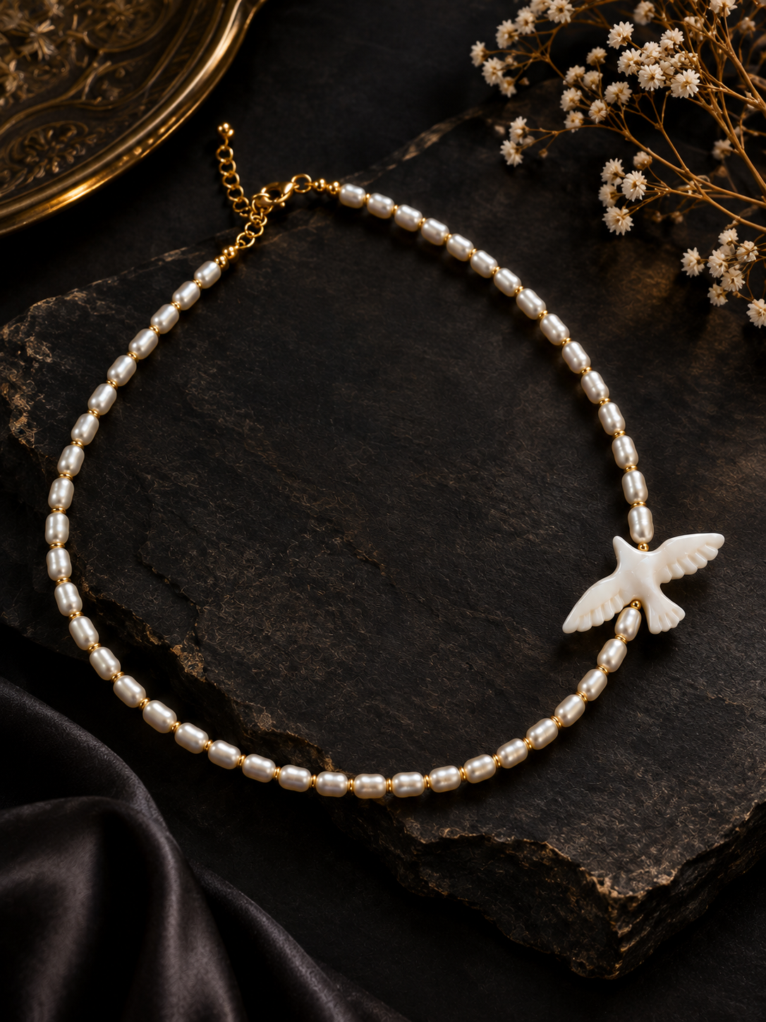 Pearl Necklace with White Bird Pendant